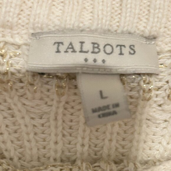 Talbots Women's Large Sweater Pullover White Gold Striped Long Sleeve Knit - Picture 3 of 4